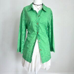 Y2K Kelly Green Floral Button Down Sheer Tunic Large Sag Harbor Boho Cottagecore